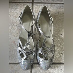 Metallic Silver T-Strap Dress Heels for Women